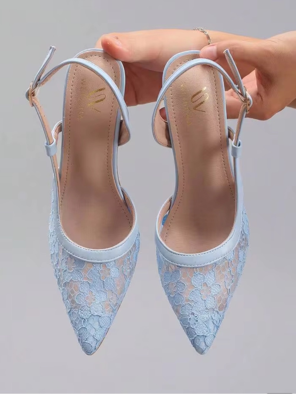 Light Blue Lace Slingback Pointed Toe Heels